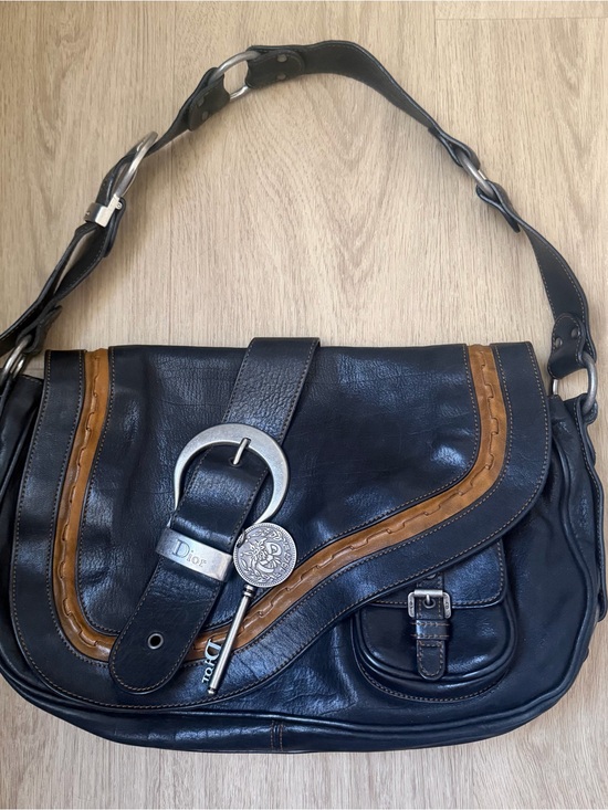 Dior Handbags - Vintage Christian Dior Black Gaucho Double Saddle Bag wi/ Silver Buckles + Coin